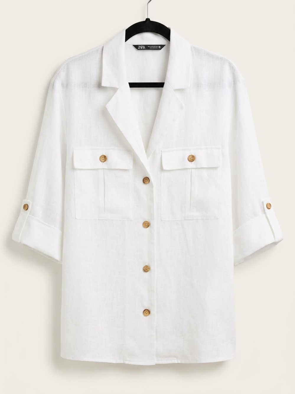 Zara White Button-Front Linen Shirt with Chest Pockets